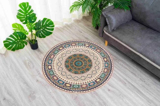 Protišmykový koberec NOVO béžový / modrý kruh