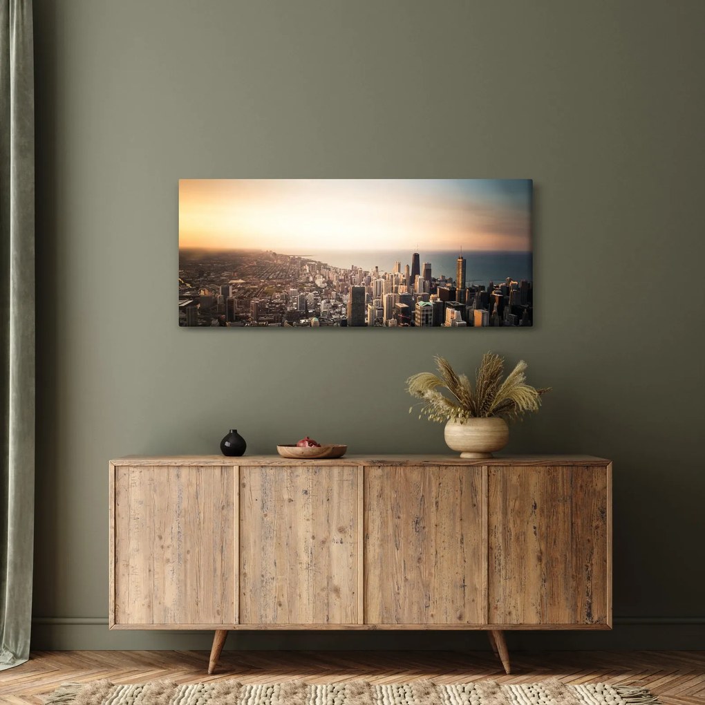 Obraz západu slnka nad mestom (120x50 cm)