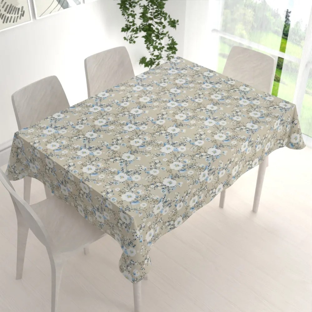 Biante Bavlnený obdĺžnikový obrus Sandra SA-552 Modré popínavé kvety na béžovom 50x100 cm