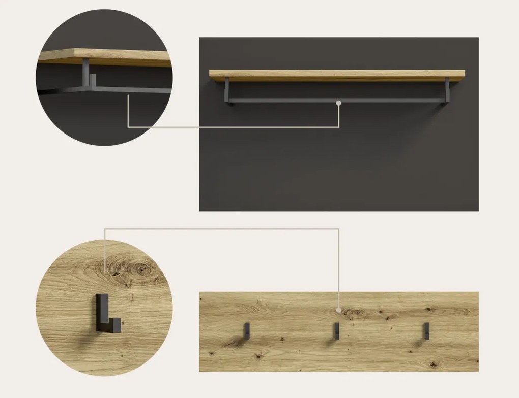 Dvojdielny šatníkový panel Cano, 80 cm, šedá/dub artisan