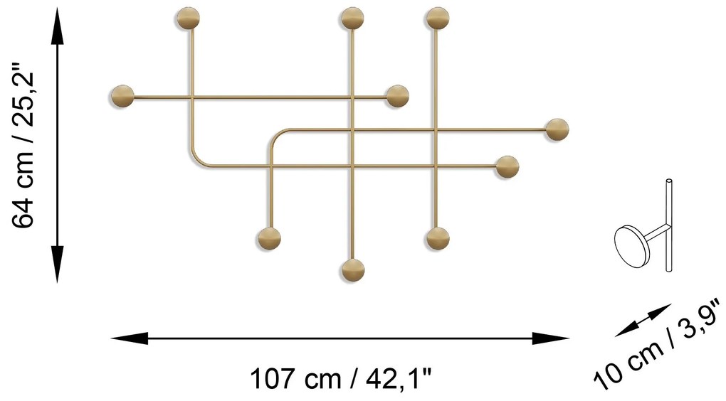 Nástěnný kovový věšák Samara 107 cm zlatý