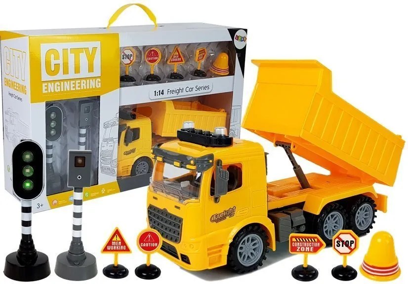 LEAN Toys Súprava sklápacieho nákladiaka 1:14 – dopravné značky, svetlá, radar, žltá