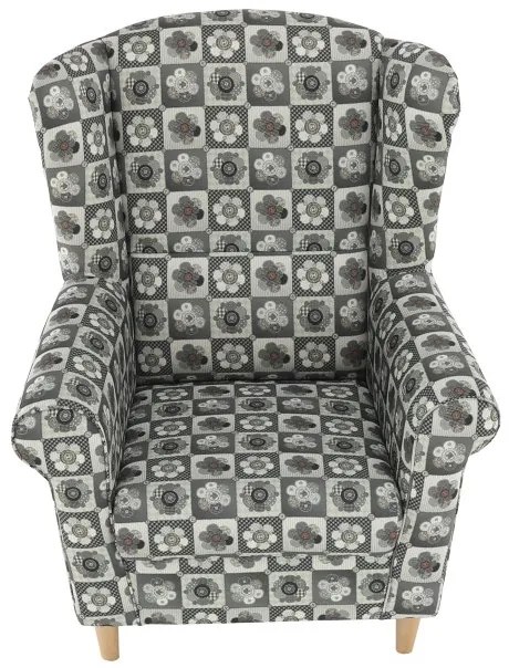 Kondela Kreslo, ušiak s taburetom, patchwork N1 látka, ASTRID