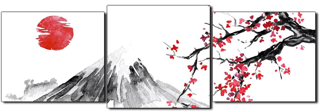 Obraz na plátne - Tradičné sumi-e obraz: sakura, slnko a hory - panoráma 5271D (90x30 cm)