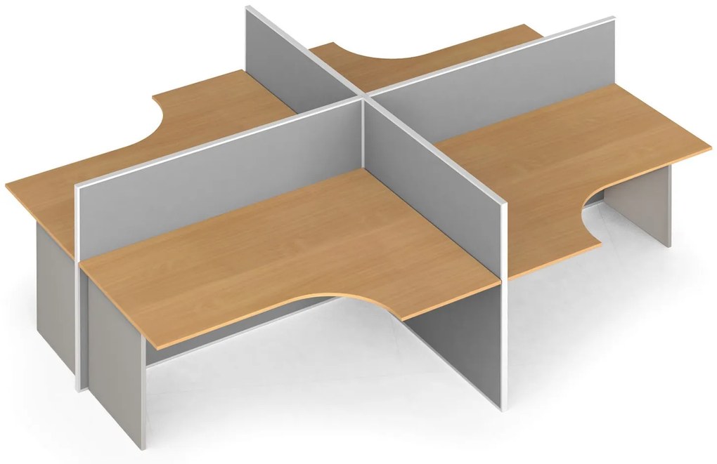 Rohový kancelársky písací stôl PRIMO s paravánom, otvorený, nástenka, 4 miesta, sivá/buk