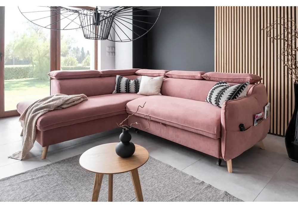 Svetloružová zamatová rozkladacia rohová pohovka (ľavý roh) Sweet Harmony – Miuform