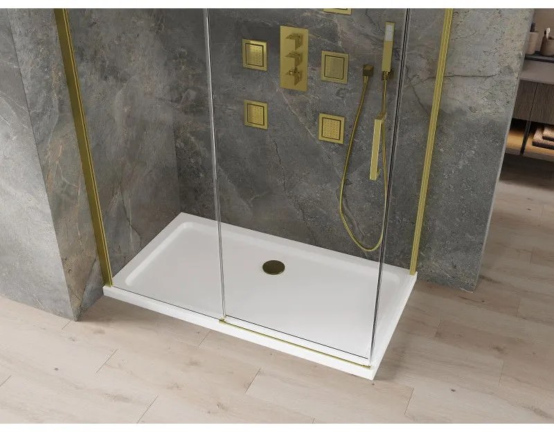 Mexen Omega, sprchovací kút s posuvnými dverami 140 (dvere) x 80 (stena) cm, 8mm číre sklo, zlatý profil + slim sprchová vanička 5cm, 825-140-080-50-00-4010