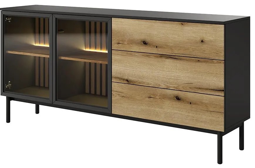 Komoda Lang D 180 2D3S + LED čierna/dub evoke