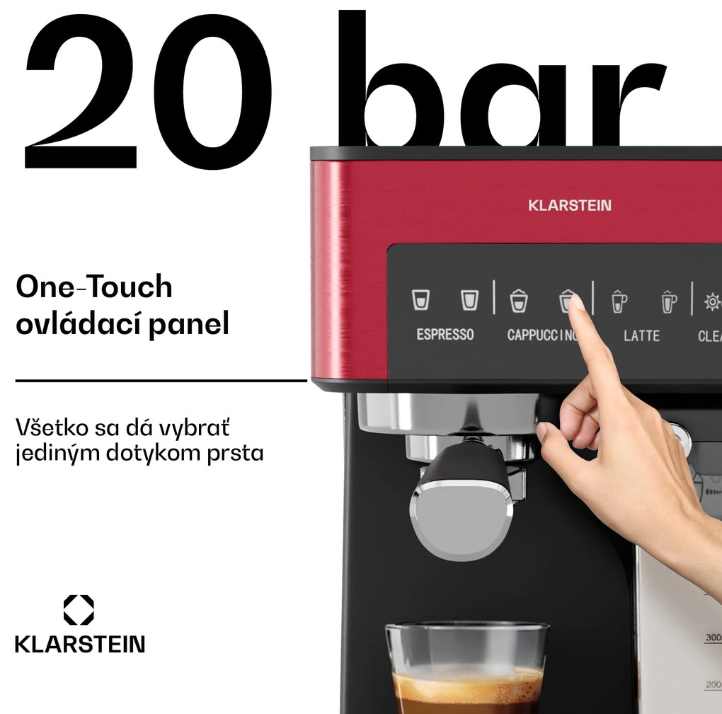 Klarstein 1,8 l kávovar s napeňovačom mlieka, 20 barový pákový kávovar, malý kávovar na mletú kávu s výkonom 1350 W, baristický kávovar na ľadovú kávu cappuccino latte espresso