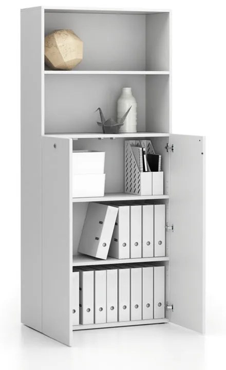 PLAN Kancelárska policová skriňa 2-dverová SEGMENT, uzamykateľná, 4 police, 840 x 370 x 1880 mm, biela