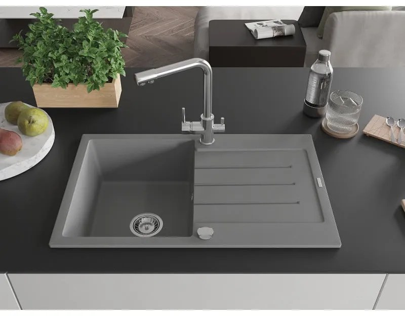 Mexen Bruno, 1-komorový granitový drez s odkvapkávačom 795x495x200 mm a chrómová batéria Duero, šedá, 6513-71-671600-00