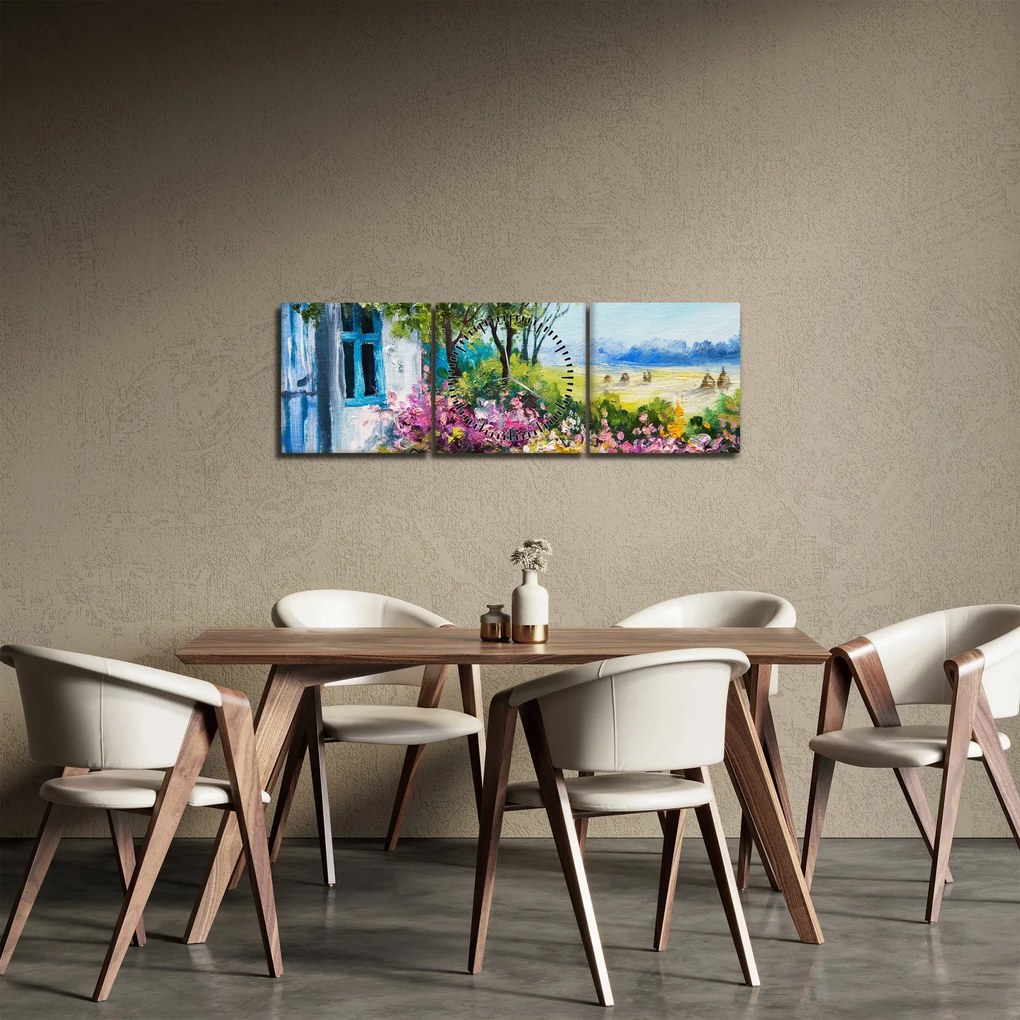 Obraz záhradky pred domom, olejomaľba (s hodinami) (90x30 cm)