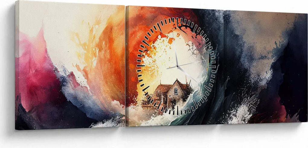 Obraz - Vo víre povodne, akvarel (s hodinami) (90x30 cm)
