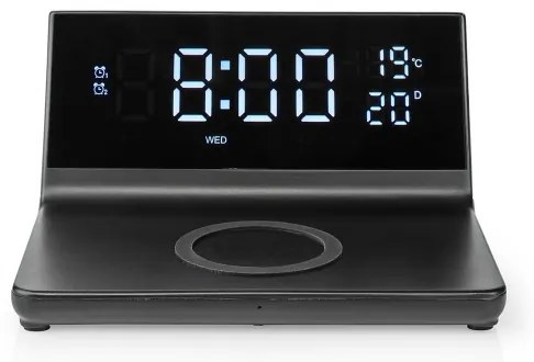 Nedis WCACQ20BK - Budík s LCD displejom a bezdrôtovú nabíjačkou 15W/5V čierna