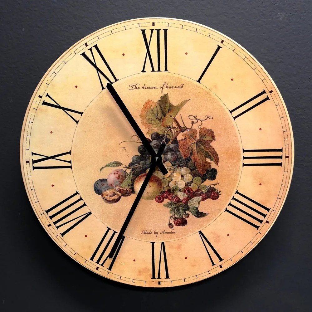 AMADEA Drevené hodiny nástenné okrúhle s ovocím, masívne drevo, priemer 25 cm