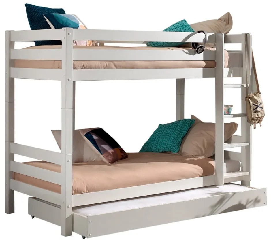 Biela poschodová detská posteľ z borovicového dreva s úložným priestorom s výsuvným lôžkom 90x200 cm PINO – Vipack