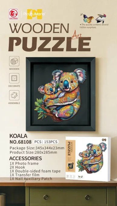 Drevené puzzle Koala s rámikom - 153 dielikov