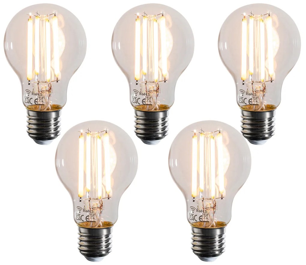 Sada 5 inteligentných LED žiaroviek E27 A60 čírych, stmievateľných (1800-3000K), 7W 806 lm