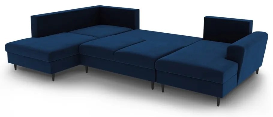 Modrá zamatová rozkladacia/s úložným priestorom rohová pohovka (ľavý roh/do "U") Kyoto – Cosmopolitan Design