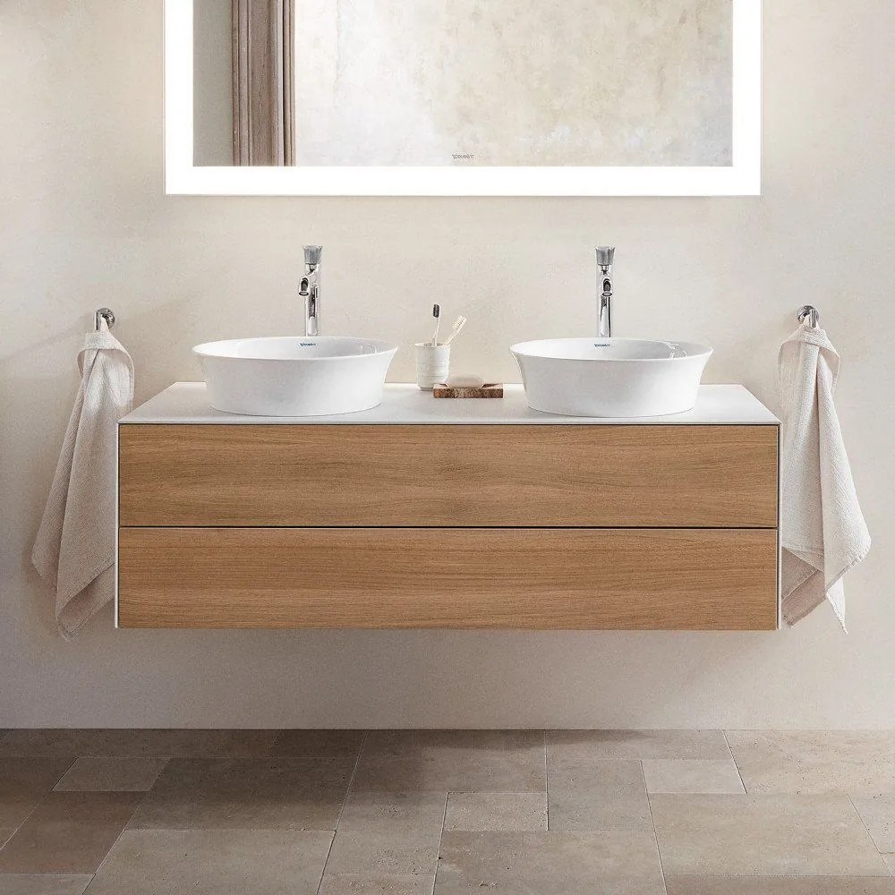 DURAVIT White Tulip závesná skrinka pod dve umývadlá na dosku, 2 zásuvky, 1300 x 550 x 408 mm, americký orech masív/taupe vysoký lesk, WT4988B77H3