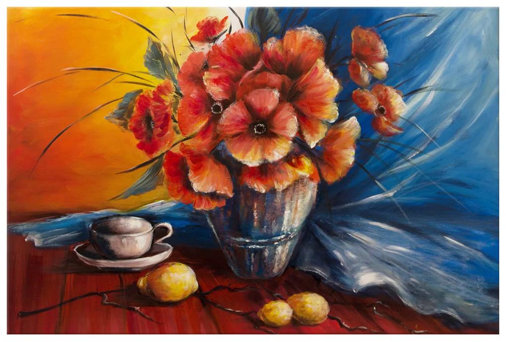Gario Ručne maľovaný obraz Váza s vlčím makom na stole Rozmery: 100 x 70 cm