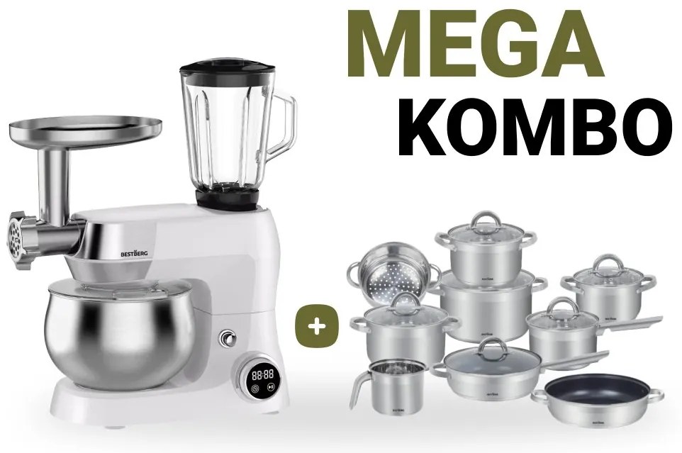 MEGAKOMBO Multifunkčný kuchynský robot BestBerg BBR-1900P + 15dielna sada riadu s mramorovým povrchom BestBerg BBSC-15 / strieborná