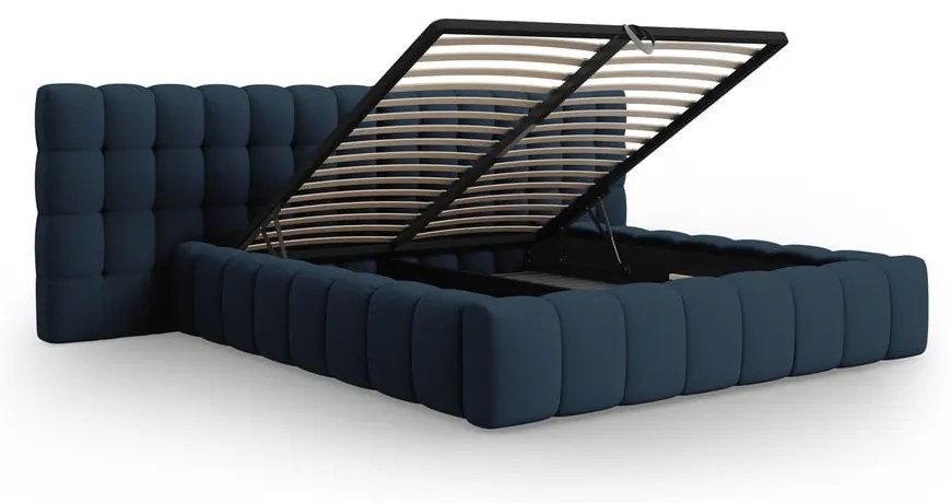 Tmavomodrá čalúnená dvojlôžková posteľ s úložným priestorom a roštom 160x200 cm Mamaia – Micadoni Home