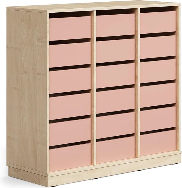 Úložná skrinka CASPER, 18 zásuviek, so soklom, breza/tmavoružová