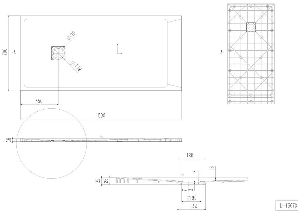 Erga Hyper, SMC sprchová vanička 150x70x2,6 cm + sifón, šedá matná, ERG-V06-SMC-7015S-GR