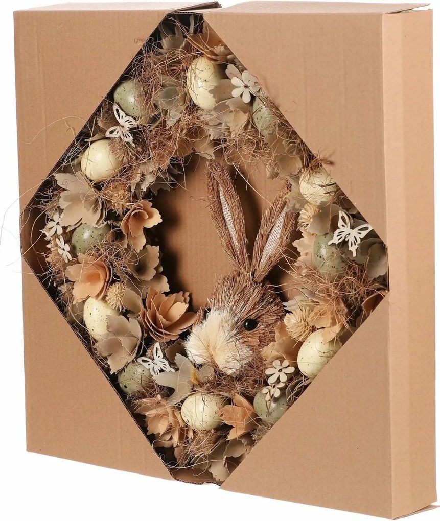 Veľkonočný veniec Hnedý zajac s kvetmi a vajíčkami, pr. 45 cm, 45 x 45 x 9 cm