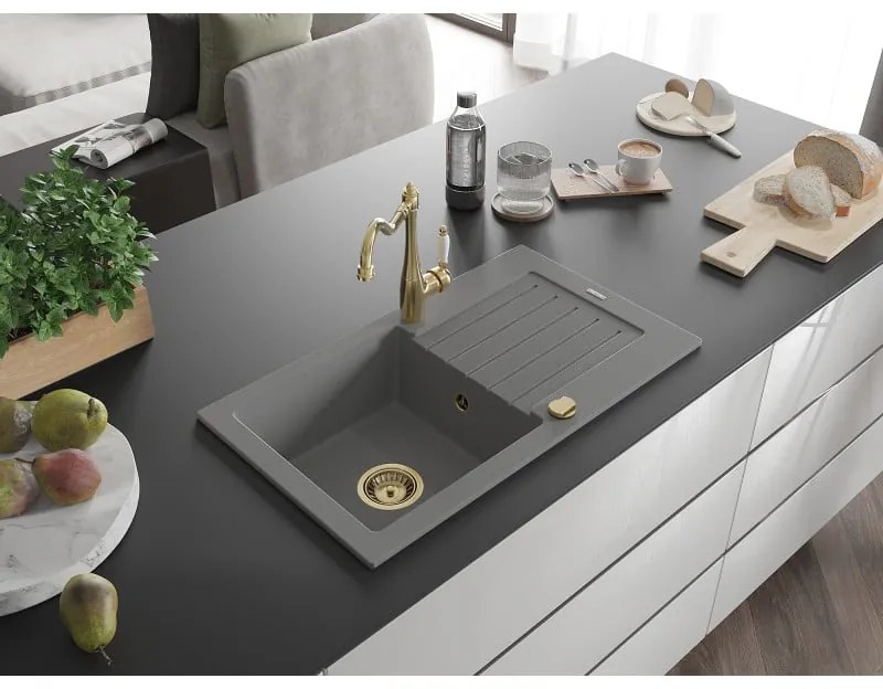 Mexen Pablo, granitový drez 752x436x161 mm, 1-komorový a drezová batéria Carla, šedá, 6510-71-670700-50