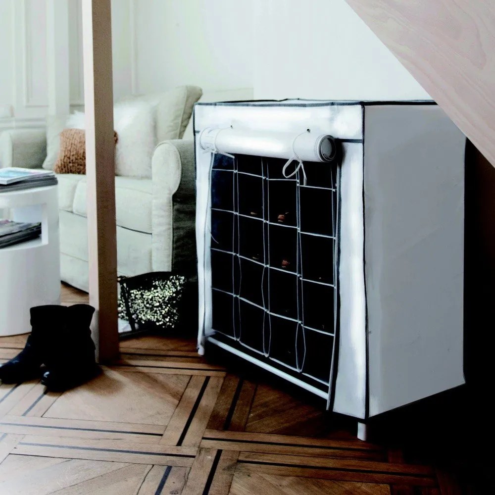 Čierno-biely textilný stojan na topánky Compactor Shoes, 25 priehradiek