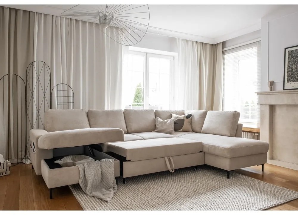 Béžová menčestrová rozkladacia rohová pohovka (pravý roh) Lofty Lilly – Miuform