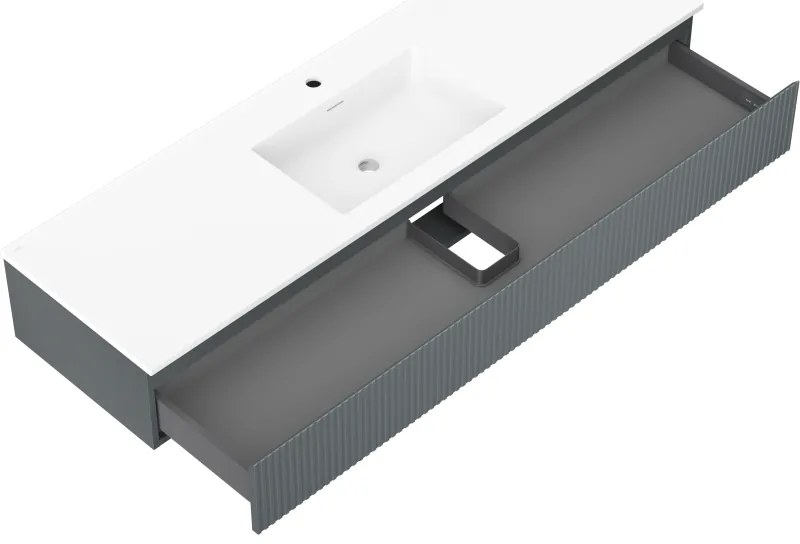 Mexen Rivel, kúpeľňová skrinka 160 cm s umývadlom Otis, 1 zásuvka, drážkovaná, grafitová matná/biela matná, 91A20-16023-1-BF66-W18M0