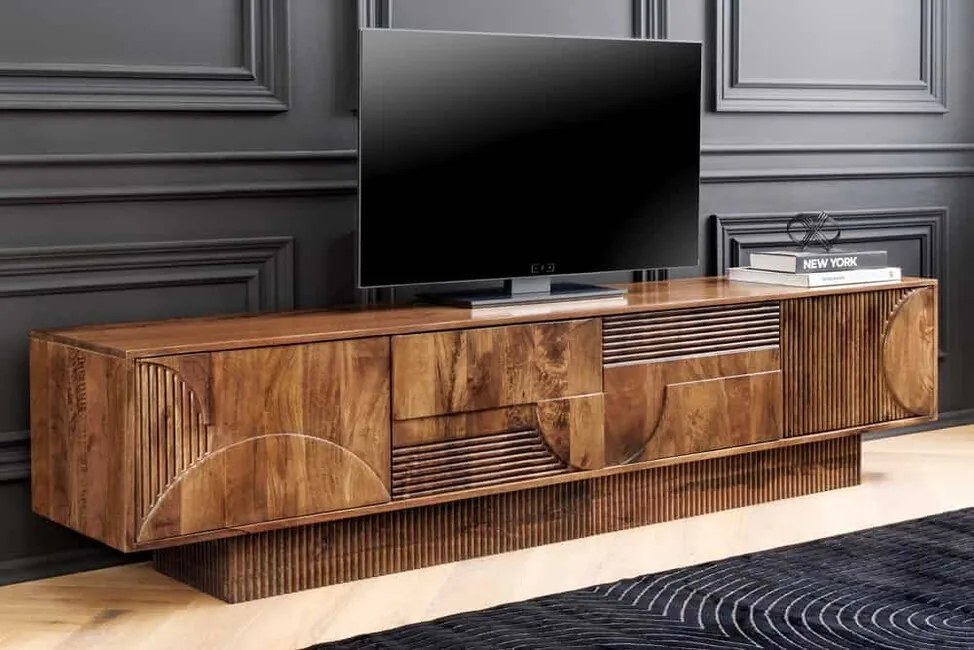Dizajnový 3D stolík pod TV z masívu Art Deco Mango hnedá 200cm