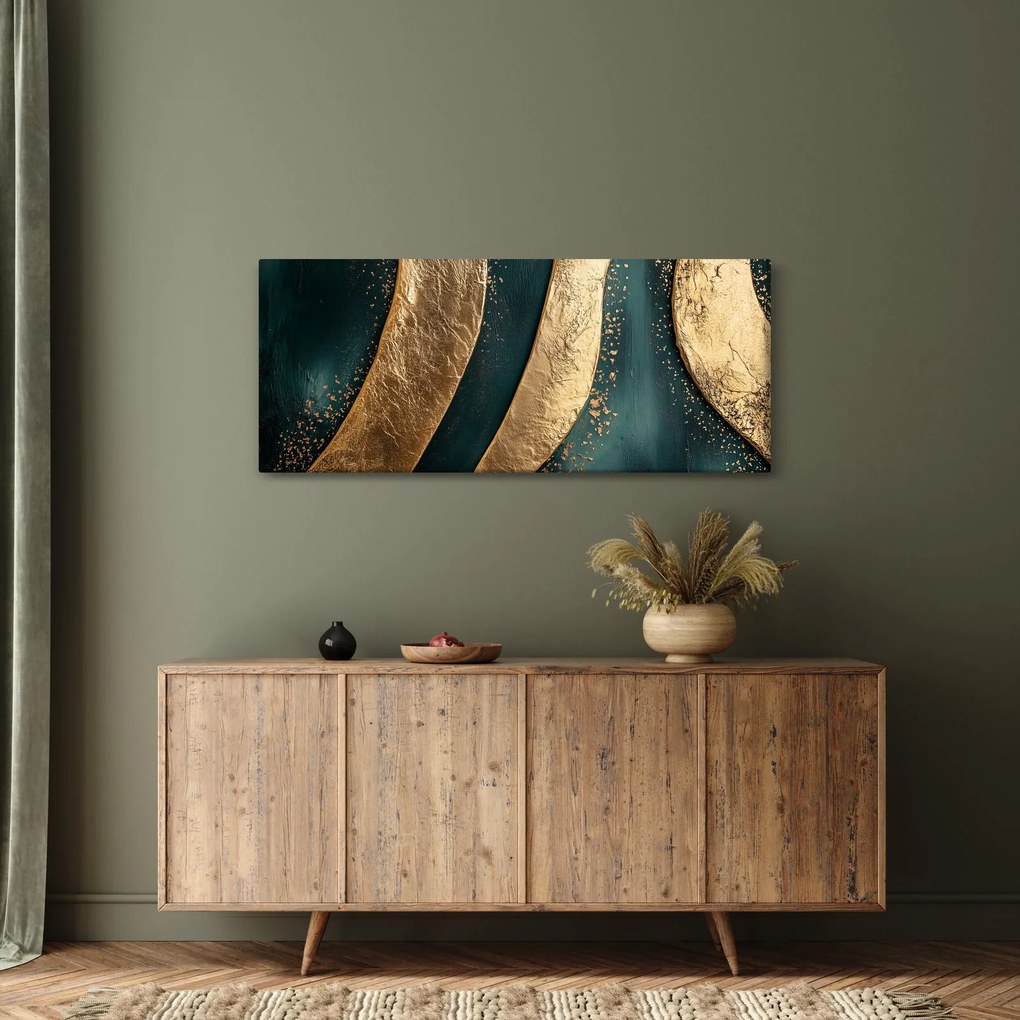 Obraz - Zelená abstrakcia so zlatom I. (120x50 cm)