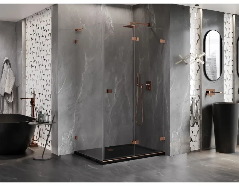 Mexen Lunar-F L, pravý sklápací sprchový kút 95 x 90 cm, 8mm číre sklo, profil ružové zlato, 836L-095-090-60-00-P