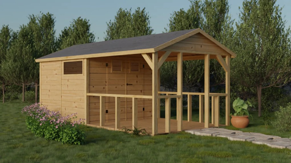 Drevený domček ROZMARÍN s terasou (2,7 × 5,2 m)