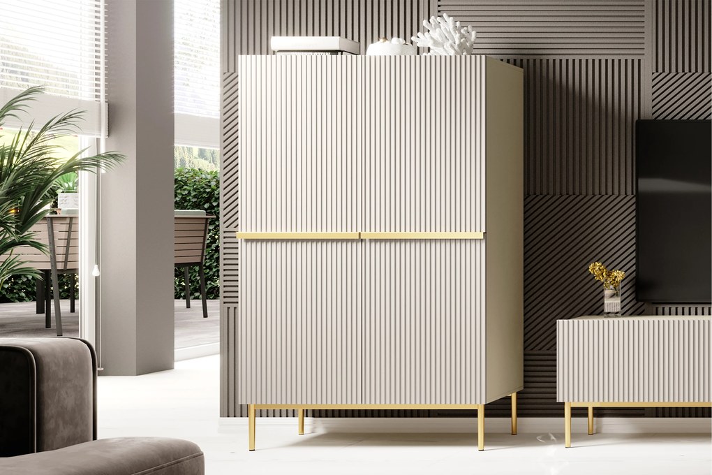 Vysoká komoda Nicole 100 cm s dvoma dverami a ryhovaným čelom - kasmír / zlaté nohy