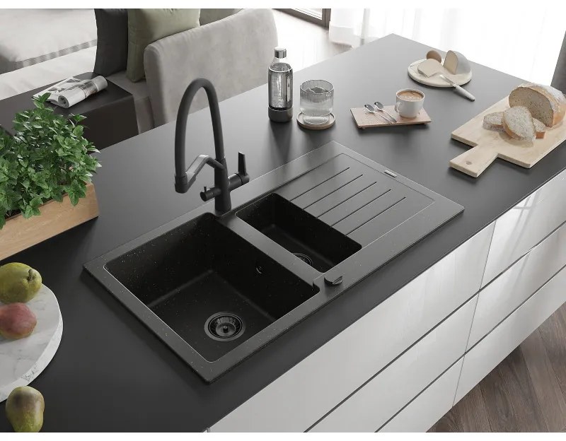 Mexen Matias, granitový drez 900x505x200 mm, 1,5-komorový a drezová batéria Duo, čierna-zlatá metalíza, 6502-75-671701-70-B