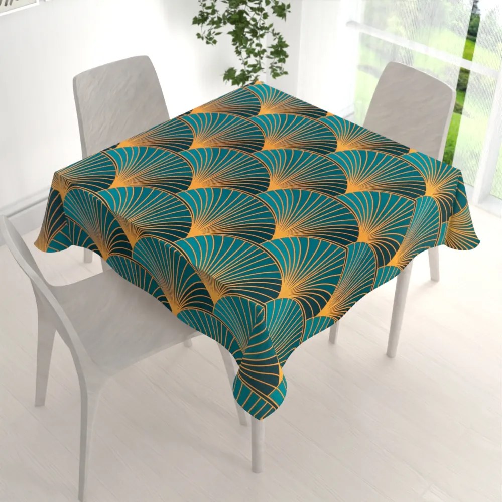 Biante Bavlnený štvorcový obrus Sandra SA-575 Oranžové vejáre na zeleno-tyrkysovom 150x150 cm