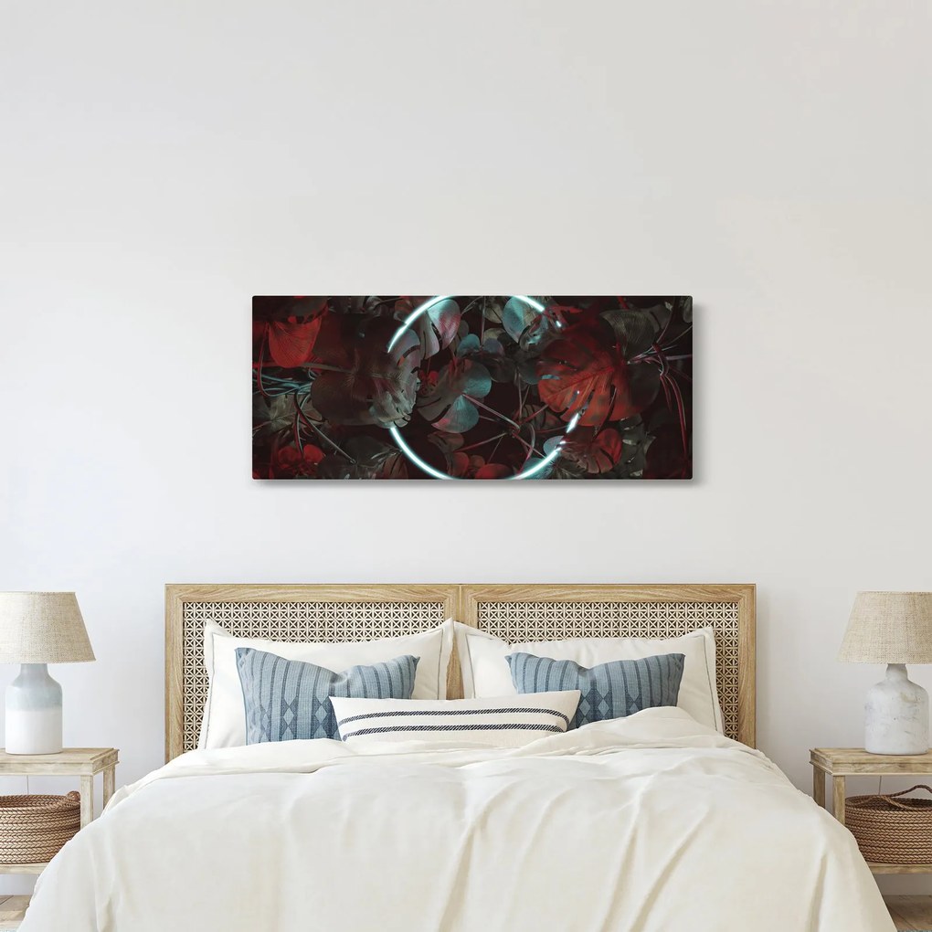Obraz - Neónový kruh medzi palmami (120x50 cm)