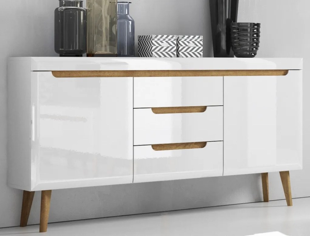 Široká komoda Nordi, dub riviéra/biela lesk