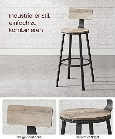 Sada 2 barových stoličiek, s operadlom, oceľovým rámom, greige a čierna farba