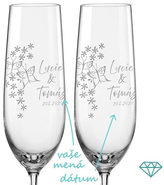 Svadobné poháre na sekt Motýliky s kryštálmi, 2 ks