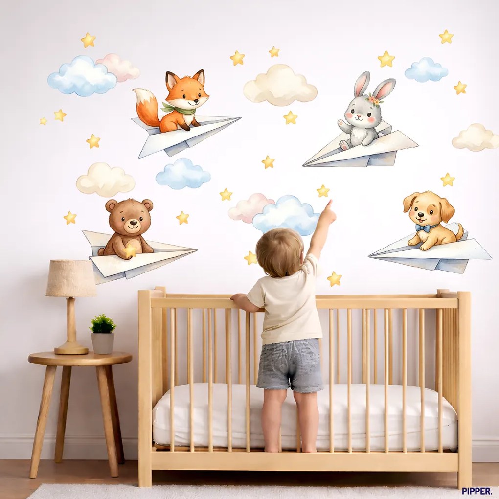 60x120cm Zvieratká v papierových lietadielkach - textilná nálepka na stenu