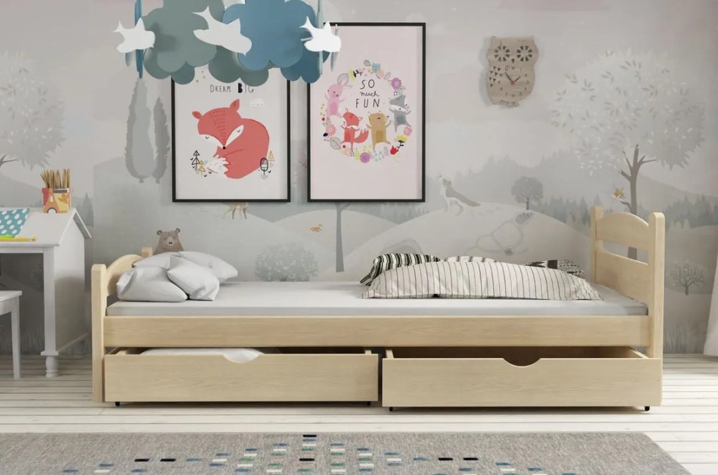 Detská posteľ z masívu borovice MAX so šuplíkmi - 200x90 cm - PRÍRODNÁ BOROVICA