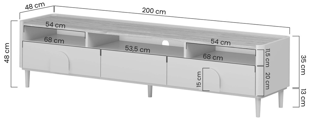 TV stolík Amilio 200 cm so zásuvkami - kašmír / olejovaný dub / úchytky svetlý dub