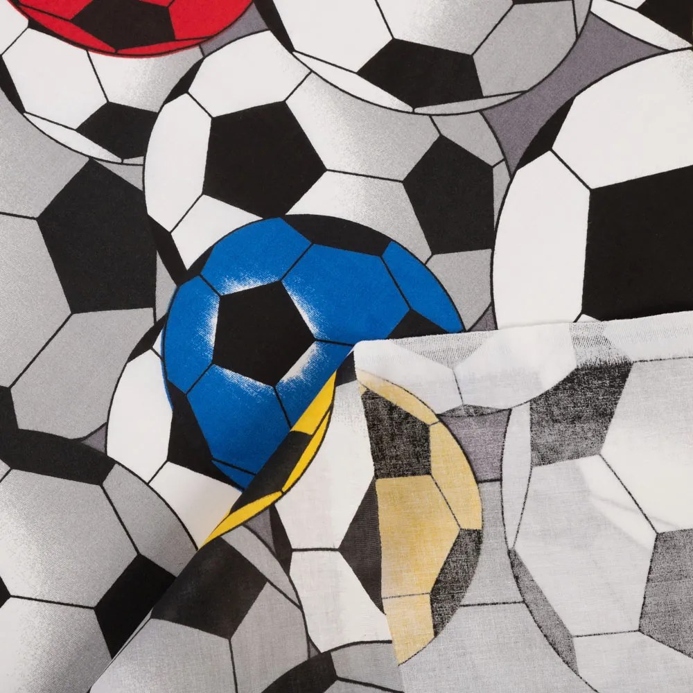 Detská bavlnená látka/plátno Sandra SA-580 Farebné a sivé futbalové lopty - šírka 160 cm
