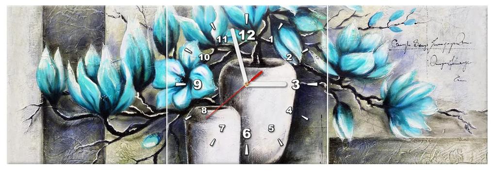 Gario Obraz s hodinami Modré magnólie vo vázach - 3 dielny Rozmery: 30 x 90 cm